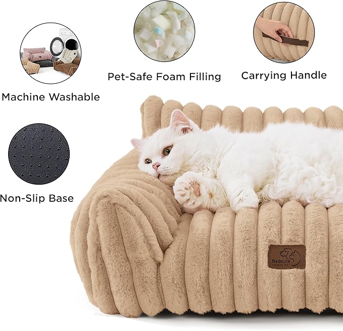 Bedsure Cute Cat Couch for Pets - Fluffy Small Dog Sofa with Premium Soft Corduroy Fleece, Pet Sofa with Removable Washable Cover, Supportive Dog Couch Bed for Small Medium Dogs, 30inch, Tuscan Beige
