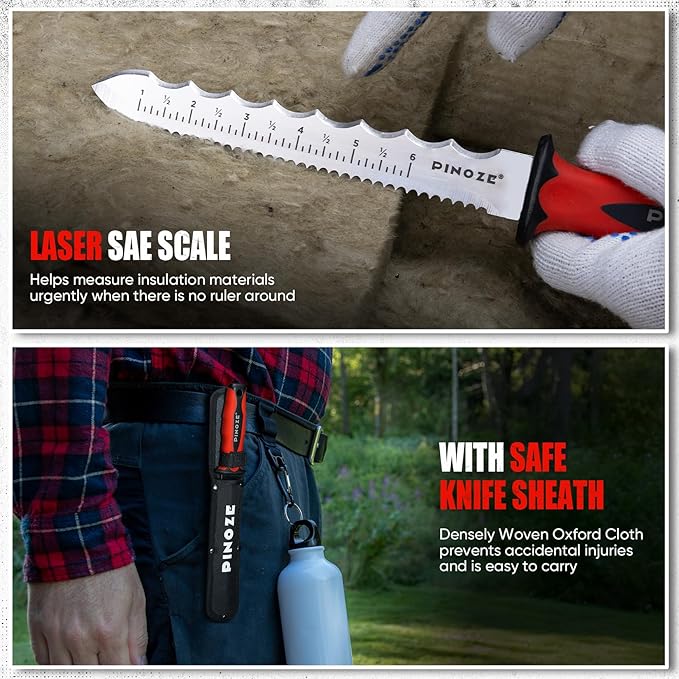 8" Insulation Knife, Stainless Steel Blade Insulation Cutter w/Laser Scale, Dual-Side Serrated Duct Knife Tool with Sheath for Cutting Heat Material Foam/Rockwool/Styrofoam, Garden Sod Cutter
