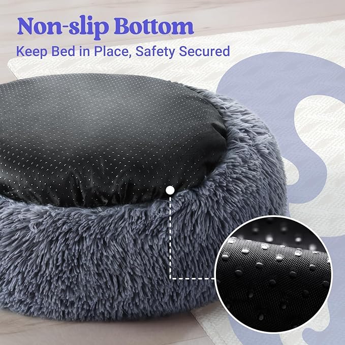 rabbitgoo Dog Bed for Small, 24 inches Machine Washable, Fluffy Donut Pet Bed Anti-Slip, Calming Soft Plush Round Cushion, Fits up to 18 lbs Pets, Dark Grey