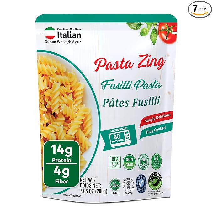Pasta Zing Fusilli Pasta – Fully Cooked Spiral Pasta, Microwaveable in 60 Seconds, Made with 100% Italian Durum Wheat, Non-GMO, Halal & Kosher Certified, No Preservatives – 7.05 oz (Pack of 7)