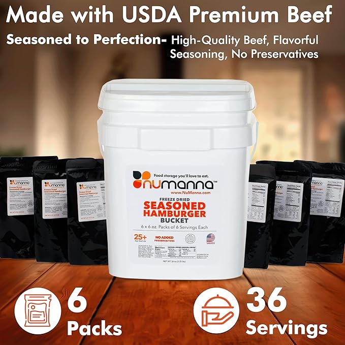 Numanna Freeze-Dried Seasoned Ground Beef Bucket 36 Servings | Over 25g Protein per Serving | Hamburger for Camping, Meal Prep, Pantry Staple, Emergency Survival Food | 25+ Year Shelf Life | USA Made