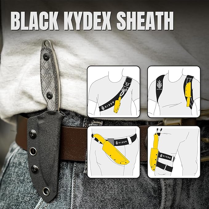 Kizer Muskrat Fixed Blade Knife, 3.15 In 154CM Argyle Pattern Black Micarta Handle, EDC Knife for Men Women, Outdoor Hunting Hiking Survival Camping Knives with Sheath, 1064M1
