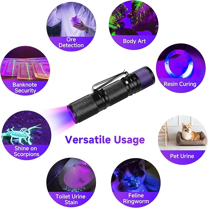 KunHe Mini UV Flashlight 395nm Black Light 2Pack Mini AA Battery Ultraviolet LED Blacklight Flashlight Woods Lamp Powerful Portable Detector for Pet Urine Dry Stains Scorpions Bed Bug Resin Curing