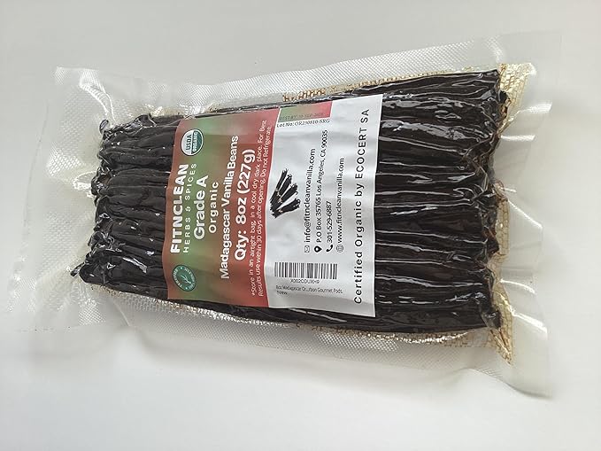 8oz Madagascar Organic Vanilla Beans Grade A. Certified USDA Organic. Fresh 6"-8" for Cooking, Baking and Extract by FITNCLEAN VANILLA| 0.5 lb Bulk NON-GMO Whole Bourbon Gourmet Pods.