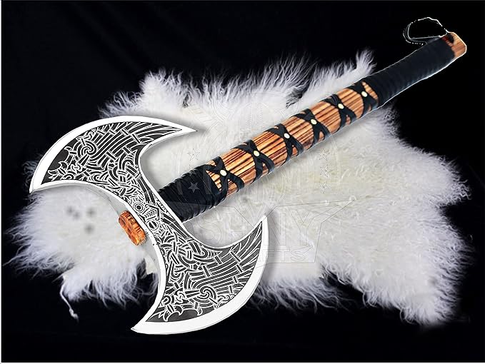 SHINY CRAFTS- Camping Axe Tomahawk Viking Bearded Axe Christmas gifts-27 Long Odin's Double Edge Head Viking Axe Twin Blade Axe with Ash Wood Handle with Genuine Leather Sheath (VBA-0013)