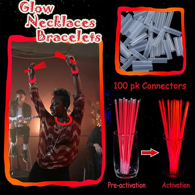 100 pk 8" Glow Sticks Bulk Party Favors, Light up Glow Necklaces & Bracelets in the Dark Party Supplies For Christmas Halloween 4th of July Birthday Neon Party (100 * Red)
