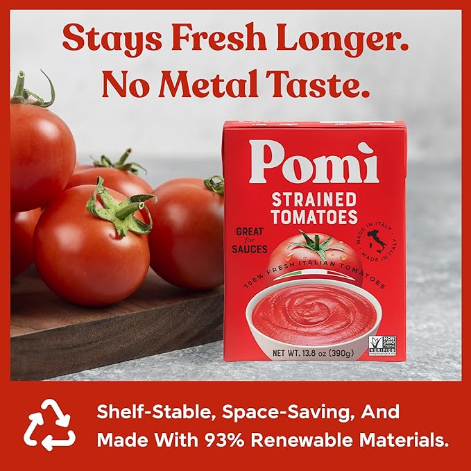 Pomì Strained Tomatoes 13.8oz (Pack of 12) - Creamy, Velvety Italian Tomato Puree, No Additives or Preservatives - BPA-Free Pureed Tomatoes Made from 100% Fresh Italian