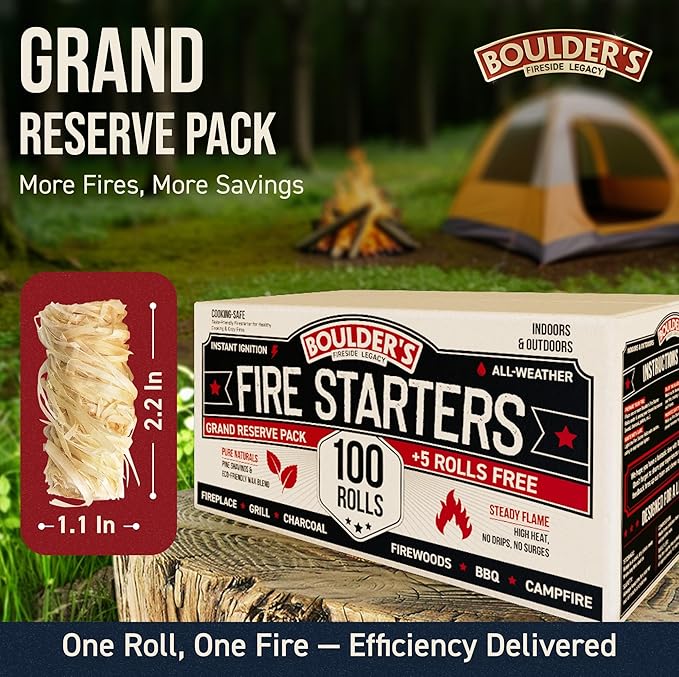 Fire Starter Rolls 200 pcs - Value Pack - Waterproof, Odorless - for BBQ, Charcoal Grills, Camping, Fire Pit, Indoor Fireplace, Wood Stove - Natural, Quick Ignition, Long Burn Charcoal Starter