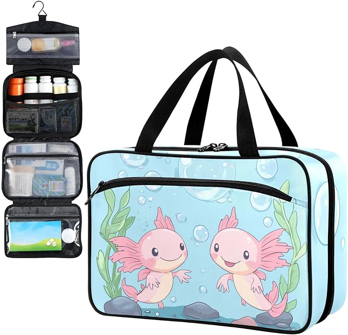 Fustylead Cute Pink Axolotl and Seaweed Bubbles Pill Organizer Bag Large Medicine Travel Carrying Case with Zipper for Vitamin Supplements Fish Oil, Empty First Aid Kit for Hiking Camping
