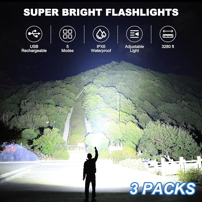 Rechargeable Led Flashlight High Lumens - 99,000lm Bright Powerful Flash Light with 5 Modes, Waterproof Handheld Linterna for Home, Camping(3 Packs)