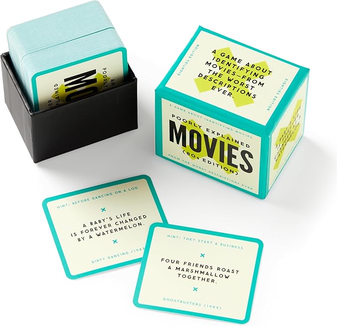 Brass Monkey Poorly Explained Movies – 80s Edition Party Game with 300 Cards Featuring Uniquely Terrible Descriptions of Movies, Suitable for 2-8 Players