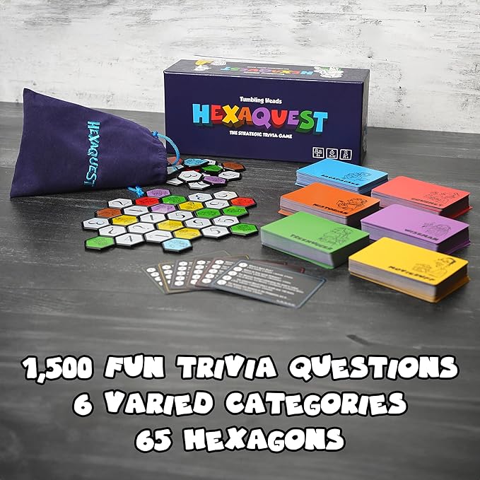 Hexaquest: The Strategic Trivia Board Game ??1500 Questions, 6 Categories, 65 Hexagon Tiles, Premium Bag ??Fun, Quick to Learn, Perfect for Game Nights, Families & Parties