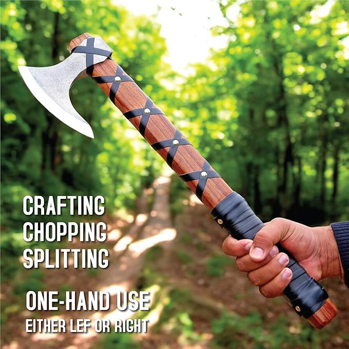 Viking Axe of Ragnar Lothbrok Hunting Axe with Rosewood Handle - Hand-Forged High Carbon Steel Sharp Blade, Handmade Camping Axes, Hatchet-Norse Ax, Tomahawk Vikings Bearded Axes, with Leather Sheath