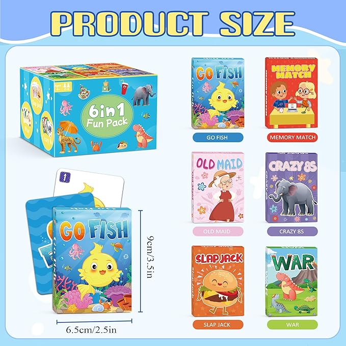 Kids Card Games, Go Fish,Old Maid,Crazy 8s,Memory Match,Slap Jack,War, Cards Game for Kids 4-8, Fun Game for Family Game Night Party Table Games, Easter Basket Stocking Stuffers Gifts, 6 Decks