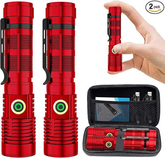 Rechargeable Flashlight High Lumens, High Lumens Super Bright Flash Light, Long-Range Zoomable LED Flashlights for Emergency, EDC, Searching, Waterproof Flashlight Dimmable Red 2Pcs
