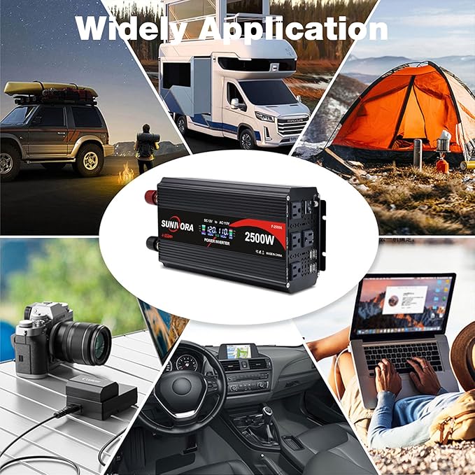 2500 Watt Inverter with LCD & Remote Control 12V DC to 110V/120V AC 60HZ Power Converter 5000W(Peak) with 4 Sockets & 4 USB Ports Power Inverters for Vehicles RV Truck Camping