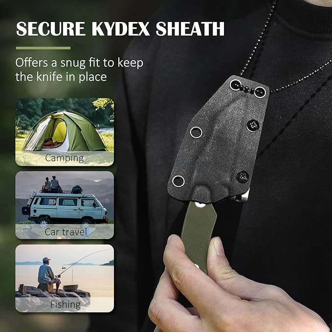 5.78" Mini Neck Knife with Sheath, 2.99" D2 Steel Blade Silver Full Tang EDC Small Wharncliffe Knife with G10 Handle for Men, Horizontal Carry