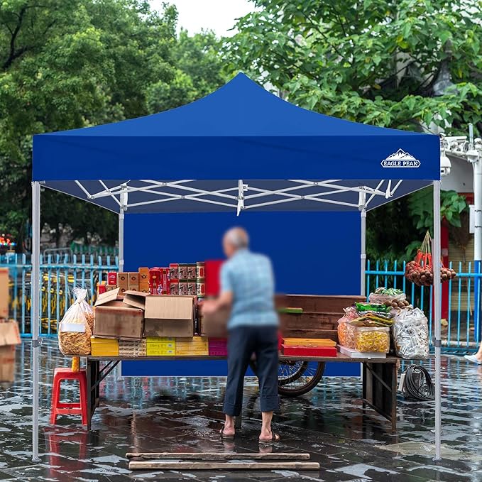 EAGLE PEAK 10x10 Heavy Duty Pop up Commercial Canopy Tent with One Removable Sidewall, Instant Sun Shelter with Roller Bag, 4 Sandbags, Blue