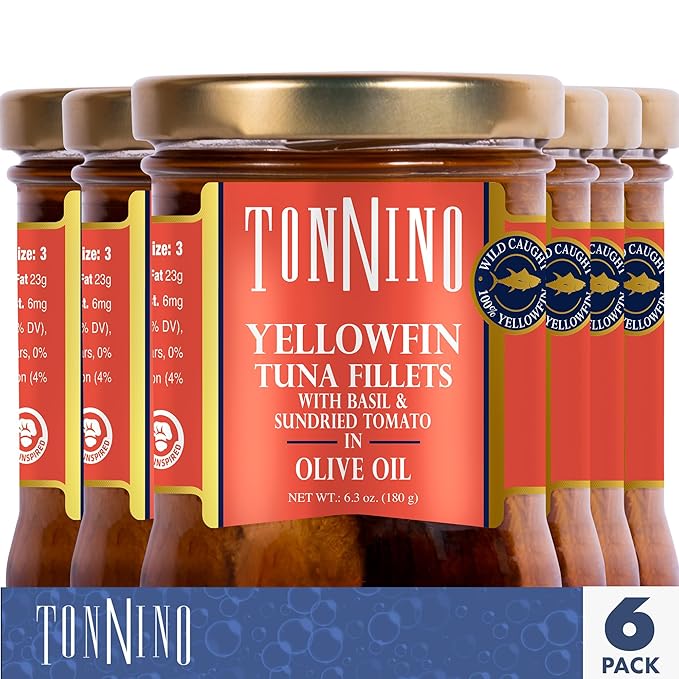 Tonnino Yellowfin Tuna Fish Tomato & Basil Premium - Pack of 6 ??Alternative to Salmon ??Protein Snacks ??Ready to Eat Meals