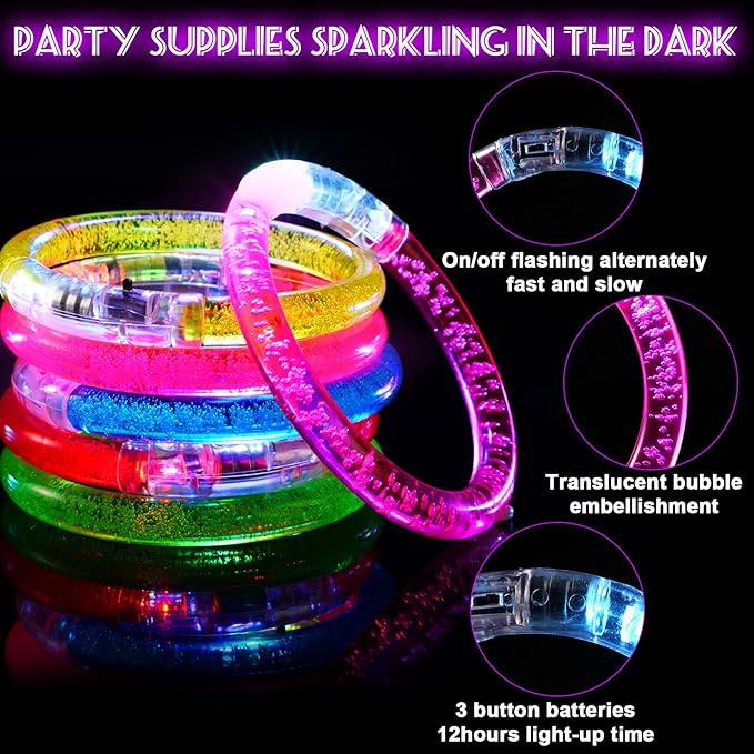 24Pcs Glow in the Dark Party Supplies for Kids/Adults, Flashing Light up Toys LED Bracelets Halloween Glow Sticks, Mardi Gras Party Favors Carnival Birthday Concert Gifts Accessory