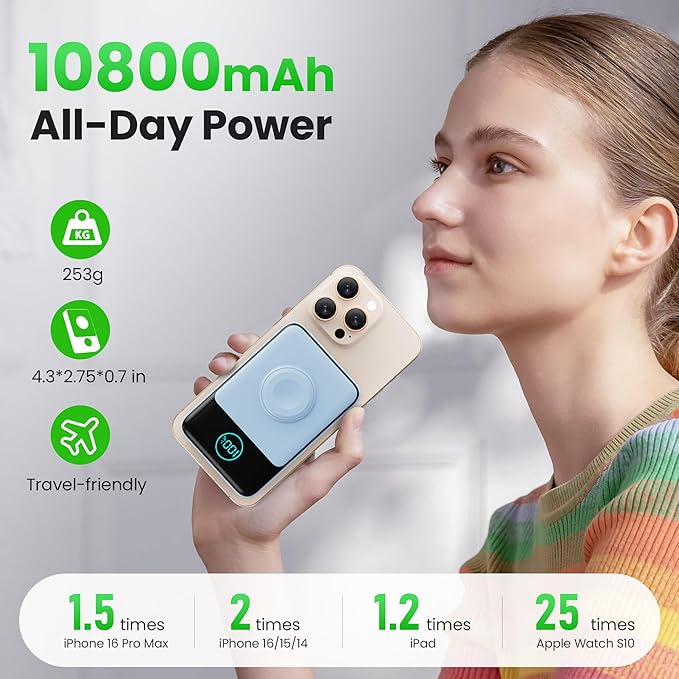 Magnetic Portable Charger for iPhone, 3-in-1 10800mAh Qi2 15W Wireless Power Bank with iWatch Charger,30W PD Fast Charging USB-C LCD Display Battery Pack for Magsafe,iPhone 17/16/15/14/13, Apple Watch