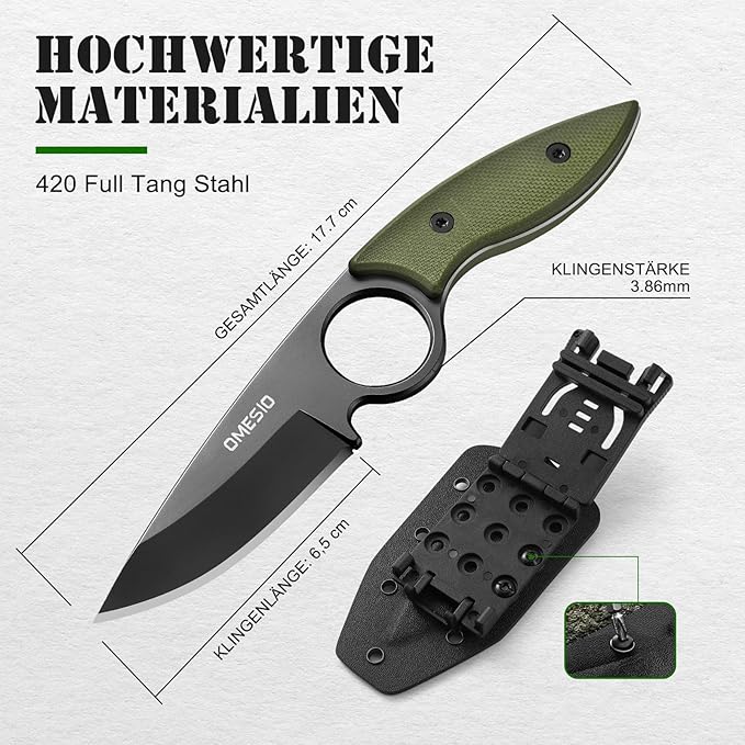 Omesio Fixed Blade Knife with Sheath, 6.92" Tactical Small Horizontal Carry Fixed Blade EDC Knife for Men Women with Kydex Sheath, Black Full Tang Blade G10 Ergonomic Handle, Ideal for Gifting