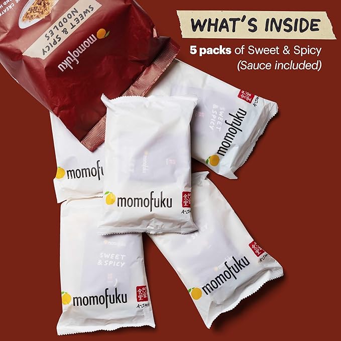 Momofuku Sweet & Spicy Ramen Noodles by David Chang, 5 Count (Pack of 1) Air-Dried Vegan Instant Noodles with Sauce