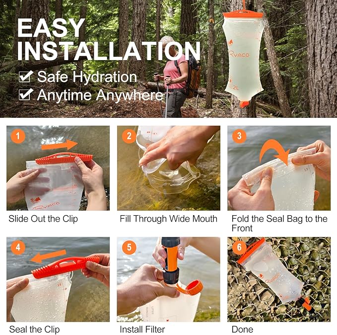 Ryaco Water Bag 2L Compatible with Sawyer Squeeze Water Filter, Outdoor Water Container, Water Filter Bag with Durable TPU Material Collapsible Hydration Canteens for Camping Hiking Cycling Fishing