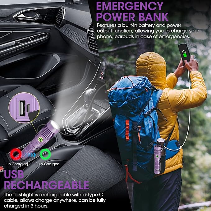Rechargeable Flashlight High Lumens, High Lumens Super Bright Magnetic Flash Light, Long-Range Zoomable LED Flashlights for Emergency, Waterproof Flashlight Dimmable, Purple,1PC