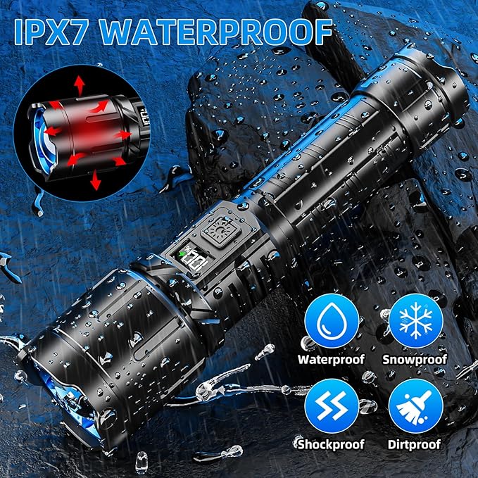 Rechargeable Flashlight 99000 High Lumens, LED Super Bright Flash Light, Tactical Flashlights with LCD Power Display, 6 Modes, Waterproof, Brightest Flashlight for Emergencies Camping