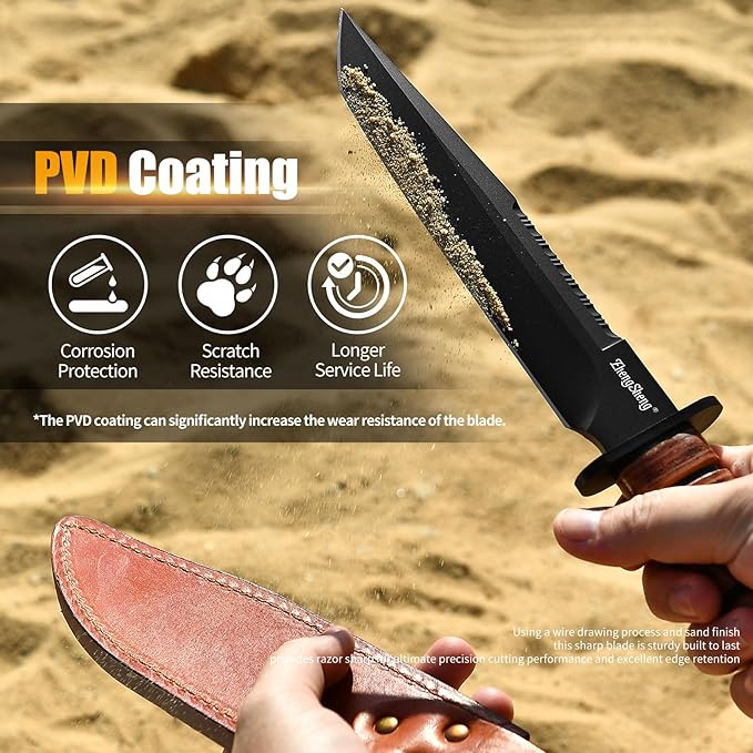 Fixed Blade Knife, 8.0??Black Titanium PVD Coating DC53 Steel Blade Hunting Knives with Leather Sheath, Ergonomic Handle Bushcraft Bowie Knife for Camping, Hiking
