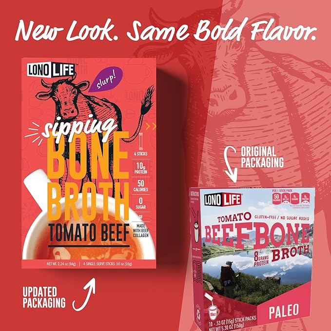 LonoLife Tomato Beef Bone Broth Powder Mix | Grass-Fed, 10g Protein | Collagen-Rich, Keto & Paleo Friendly | Natural Ingredients | 4 Portable Stick Pack Servings