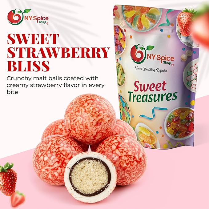 NY Spice Shop Strawberry & Creme Chocolate Malt Balls Party Decorations - 8 Ounce Malted Milk Ball Candy Birthday Gifts - Chocolate Malted Milk Ball - Dark Chocolate Malt Balls Holiday Snacks