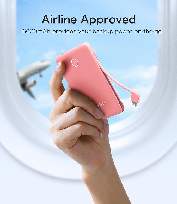 6000mah Ultra Slim Built in Cables Power Bank, Card Size Built in USB C Cords Battery Pack Portable Charger for Phones, 3 Output External Battery Pack Compatible with iPhone, Samsung, Deep Pink