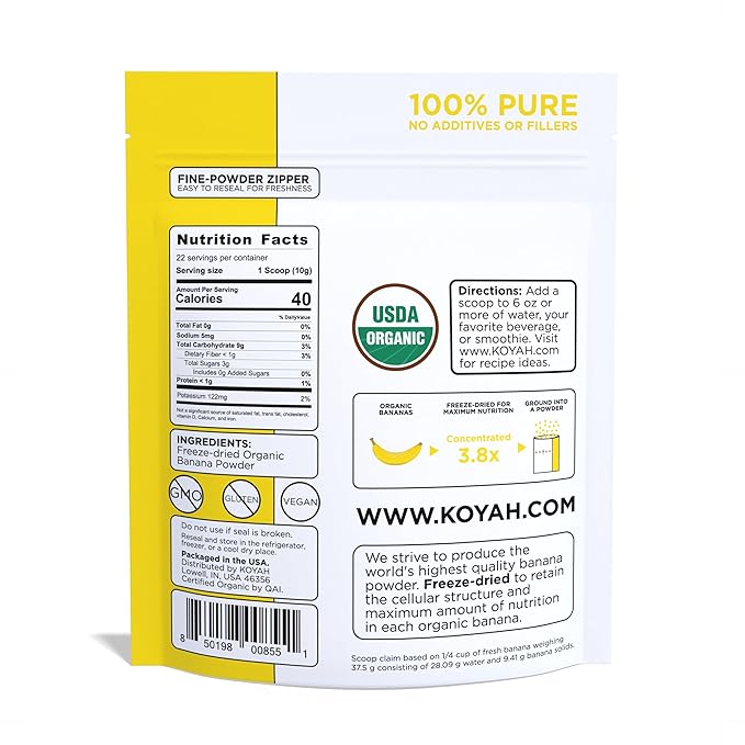 KOYAH - Organic Freeze-Dried Banana Powder (1 Scoop = 1/4 Cup Fresh): 22 Servings, 220 g (7.8 oz)