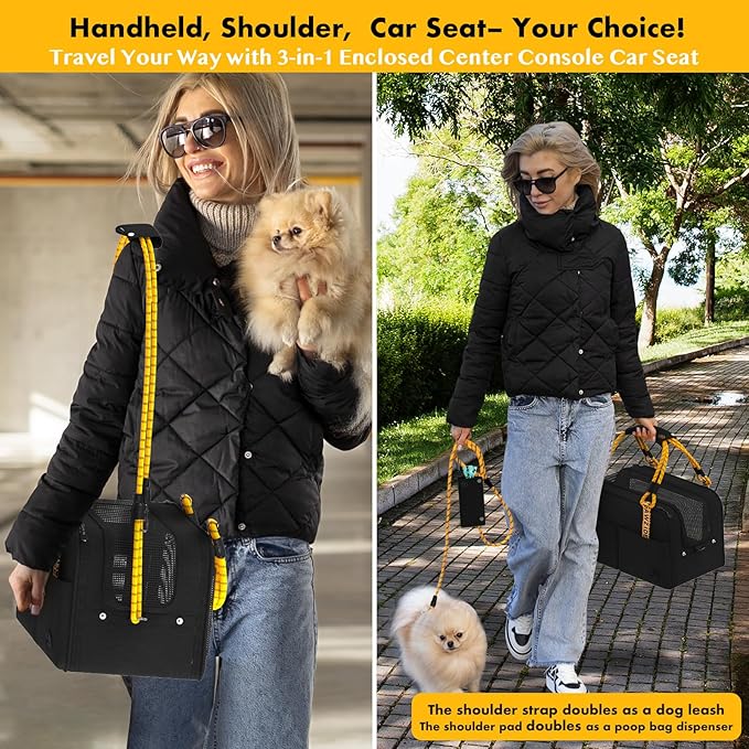 PAWZIDEA Center Console Dog Car Seat, Enclosed Secure Armrest Booster Seat for Small Dogs & Cats up 12lbs, Soft-Sided Travel Pet Carrier Safety Straps, Removable Pillow, Storage Pocket, Shoulder Strap