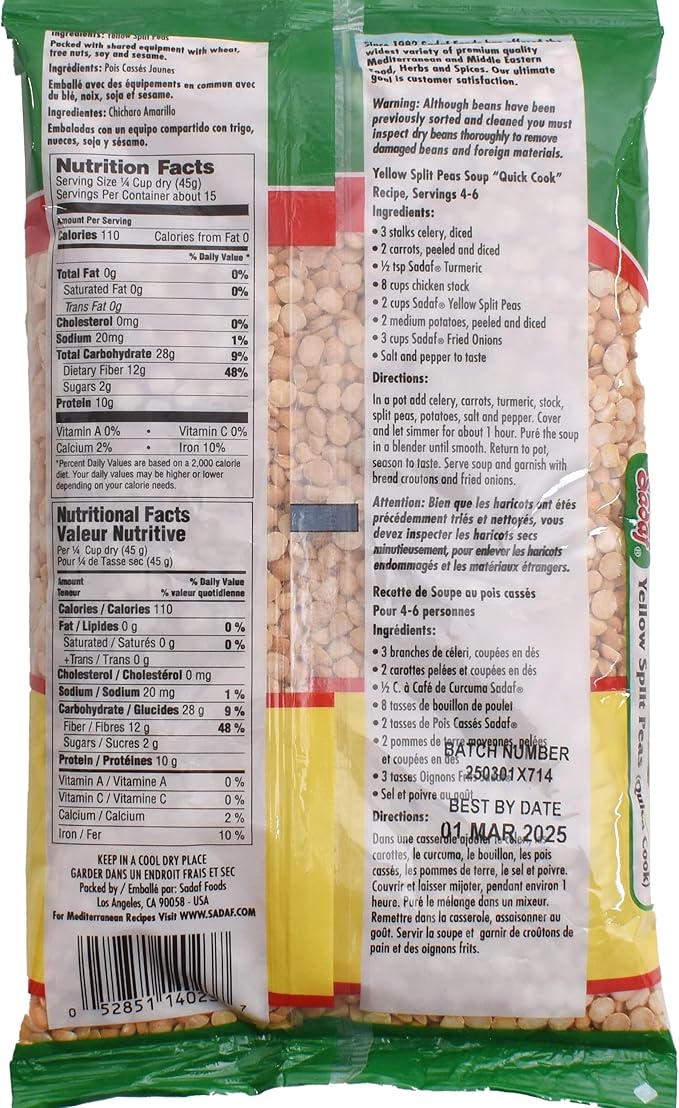 Sadaf Yellow Split Peas -24 oz. Quick Cook - Dried Yellow Split Peas - Natural, Vegan, Kosher