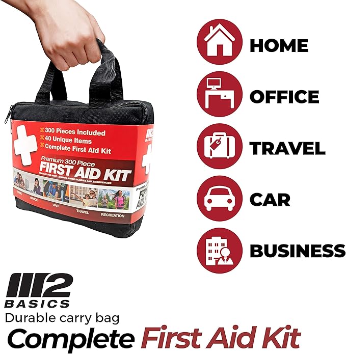 M2 BASICS Premium First Aid Kit, 300 Pieces, 40 Unique Items ??First Aid Kit for Home, Car, Vehicles, Business, Travel, Outdoors, Camping, Travel Sports ??Durable Bag, Emergency Medical Supplies