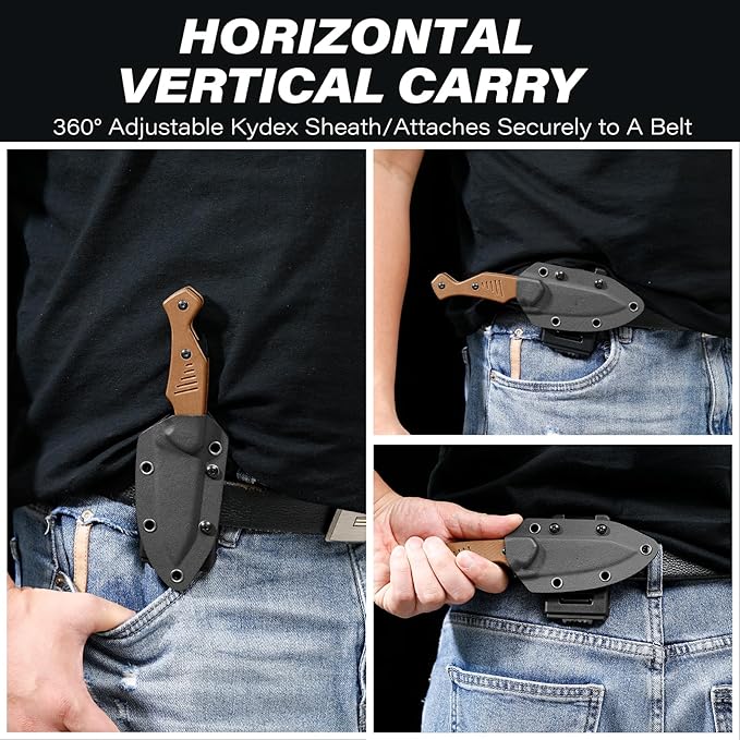 Fixed Blade Knife with Kydex Sheath and Bottle Opener, 3.2" 8Cr13Mov Blade Full Tang EDC Knife with Ergonomic G10 Handle, Small Horizontal & Scount Carry Knives for Survival Camping Hunting Outdoor Activities