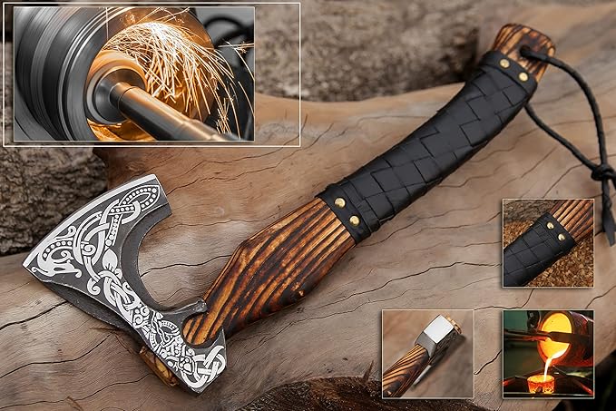 Viking Axe - Premium Carbon Steel Hatchet Axes with Leather Sheath – 19 Inch Rosewood Handle Bushcraft for Camping, Wood Splitting, Gift for him(Medivial Axe)