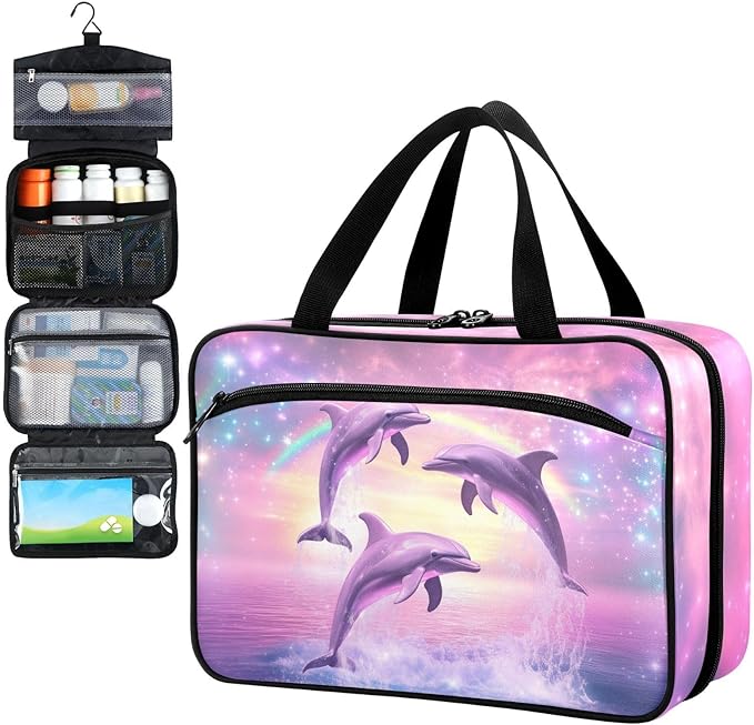 Fustylead Magic Rainbow Stars and Dolphins Jumping Travel Medicine Organizer Bag Home Storage First Aid Kit Large Pill Case with Zipper for Pill Bottle, Vitamins, and Medical Supplies