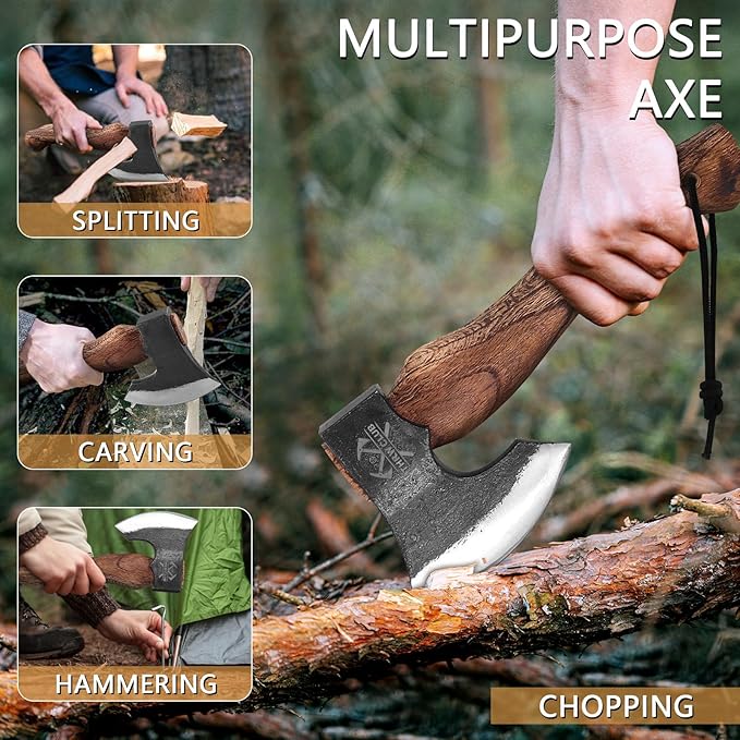 10.7 Inch Hatchet Axe, Camping Hatchet with 1065 High Carbon Steel and Leather Sheath, Bushcraft Hatchete for Chopping and Wood Splitting, Perfect for Outdoor Survival and Adventures
