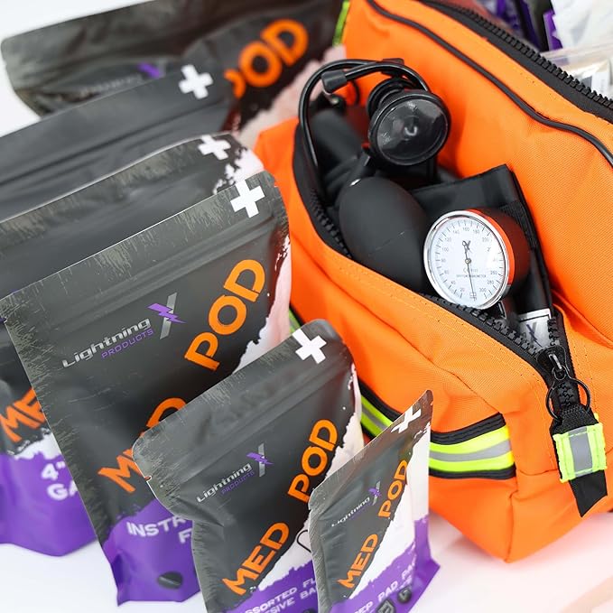 Lightning X MB30-SKC Large EMT Trauma Kit | Fully Stocked First Responder Bag w/ 240+ Supplies | EMS Fire Police Office Sports Team Emergency Medical Kit - Orange