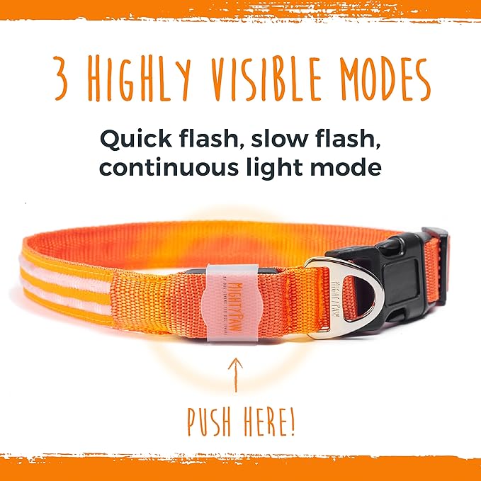 Mighty Paw LED Dog Collar - USB Rechargeable LED - High Visibility Glow Pet Strips - Weather Resistant - 3 Bright Light Modes for Nighttime Dog Safety - Collar USB (S, Orange)