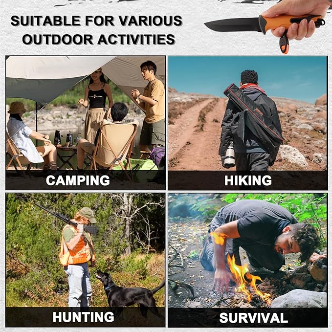 Fixed blade hunting knife-Stainless Steel Blade,Fixed blade knife with sheath, Fire Starter, Sharpener, Whistle and Compass,Survival Tactical Knife for Hunting,Fishing,Camping and Bushcraft