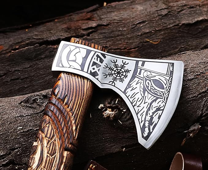 Wazir Crafts Viking Axe |Carbon Steel Engraved Blade with 18″ Wooden Handle & Leather Sheath | Collectible Norse Design Hatchet for Camping & Gifting (WCA-014)