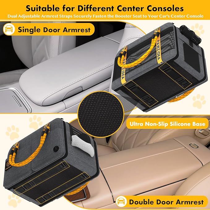 PAWZIDEA Center Console Dog Car Seat, Enclosed Secure Armrest Booster Seat for Small Dogs & Cats up 12lbs, Soft-Sided Travel Pet Carrier Safety Straps, Removable Pillow, Storage Pocket, Shoulder Strap