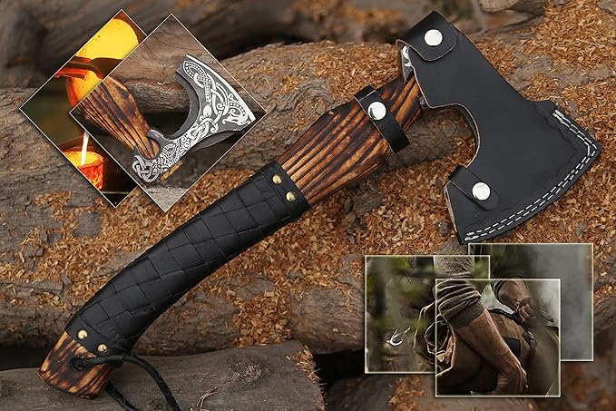 Viking Axe - Premium Carbon Steel Hatchet Axes with Leather Sheath – 19 Inch Rosewood Handle Bushcraft for Camping, Wood Splitting, Gift for him(Medivial Axe)