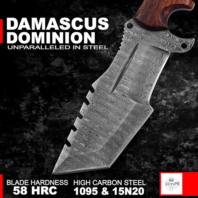 KIMPE 10.5?™â€?Damascus Hunting Knife with Leather Sheath-Fixed Blade EDC Knife-Bushcraft Knives-Wood Handle-Best Camping & Survival tool-Knives for Men. (Rose Wood)