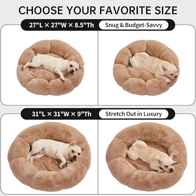 OhGeni 27 inches Calming Donut Dog & Cat Bed for Medium Pets, Warming Comfort Fluffy Short Pile Fur, Durable Machine Washable Round Bed, Cute Round Bed for Puppy and Kitten, Camel